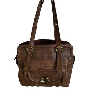 BARBARA MILANO Brown Large Lizard Embossed Leather Shoulder HandbagMade in Italy